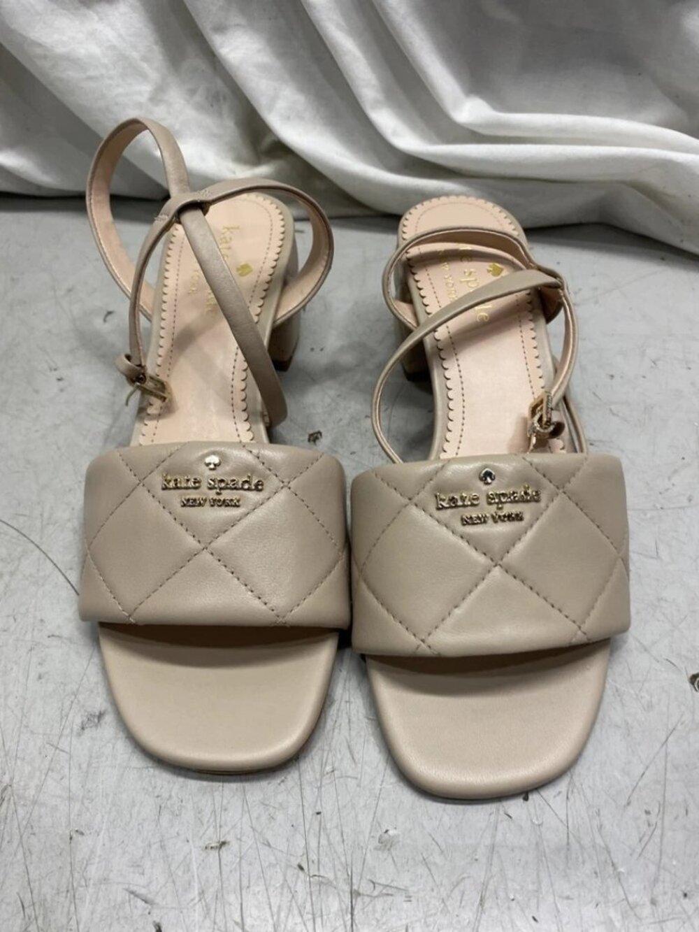 Kate Spate Pillow Smooth Leather Mid Ankle Strap Sandal Beige US W6.5 B